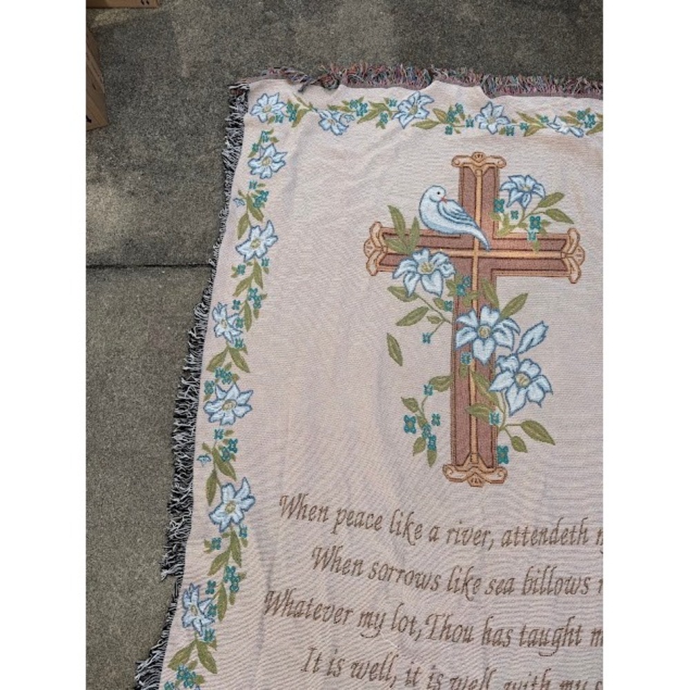 Christian Hymn It Is Well With My Soul Woven Tapestry Throw Blanket Cream Floral - Picture 2 of 7